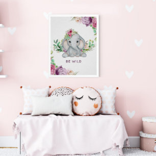 Póster Uno salvaje - Elefante bebé y flores