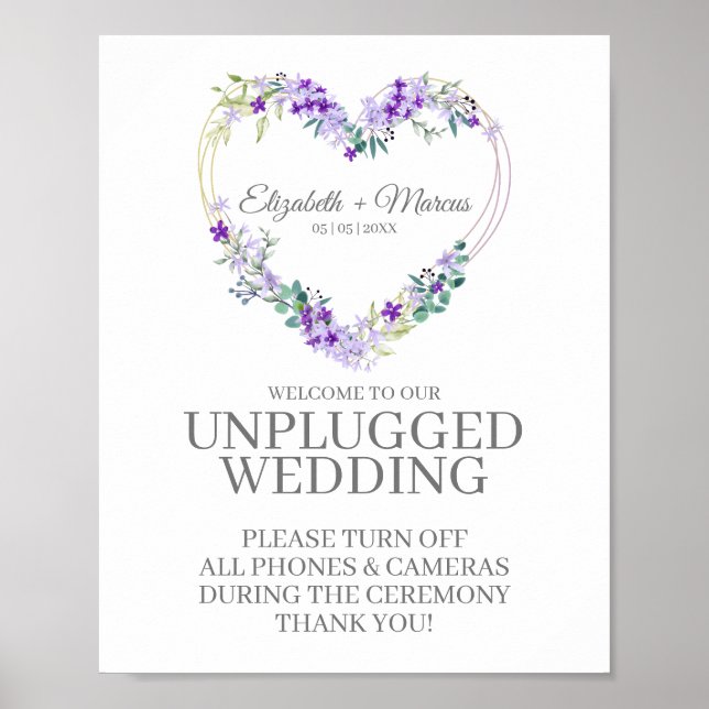 Póster Unplugged Wedding Botanical Heart in Purple Shades (Frente)