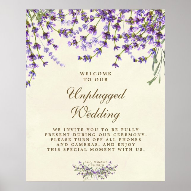 Póster unplugged wedding sign Lavender purple floral (Frente)