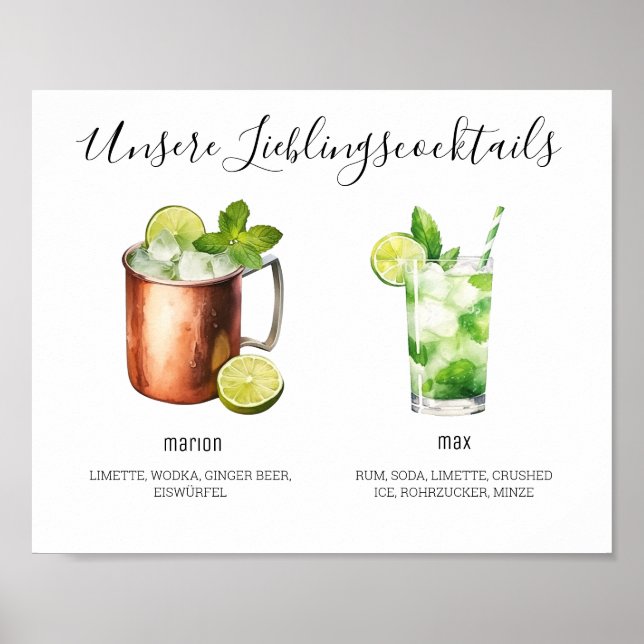 Póster Unsere Lieblingscocktails Hochzeit (Frente)