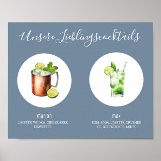 Póster Unsere Lieblingscocktails Hochzeit Dusty Blue 01