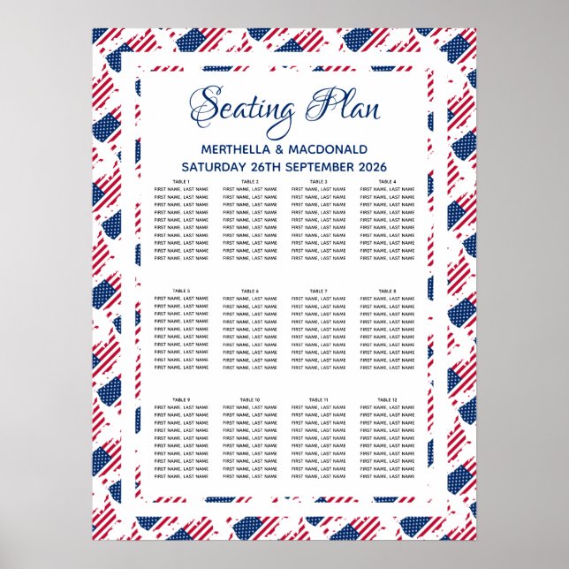 Póster US AMERICA FLAG Custom Wedding 120 Seating Plan (Frente)