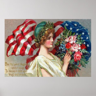 Póster US Flag Lady Liberty Wreath Memorial Day