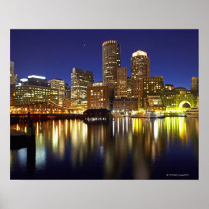 Póster USA, Boston, city skyline at night (long