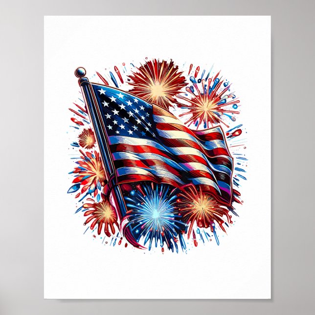 Póster USA Flag Fireworks Patriotic (Frente)
