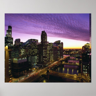 Póster USA, IL, Chicago. Chicago skyline and river