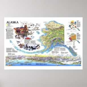 Póster " USA: Mapa de ALASKA de 1994 con animales ...