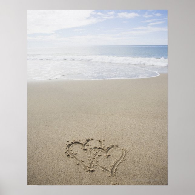 Póster USA, Massachusetts, Hearts drawn on sandy beach 2 (Frente)