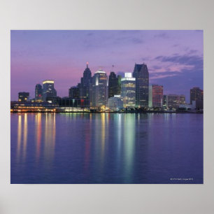 Póster USA, Michigan, Detroit skyline, night
