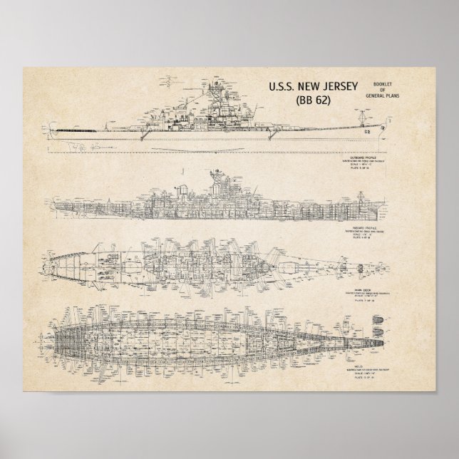 Póster USS NEW JERSEY Blueprint (Frente)