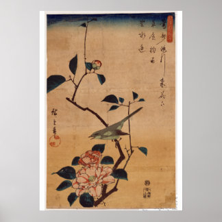Póster Utagawa Hiroshige, Camellia y Bush Warbler, 1844