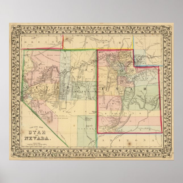 Póster Utah, Nevada Map by Mitchell (Frente)