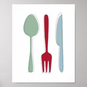 Póster Utensilios de cocina coloridos siluetas a mediados
