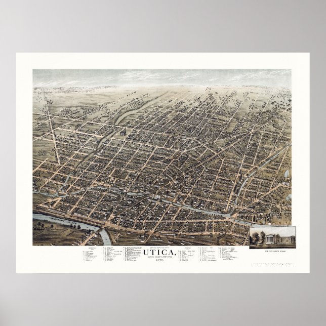 Póster Utica, Mapa Panorámico NY - 1873 (Frente)