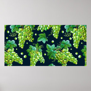 Póster Uva verde acuarela, hojas sobre fondo oscuro.