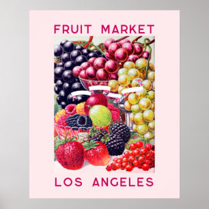 Póster Uvas de Fresa Vintage Mercado de Frutas Rosa 