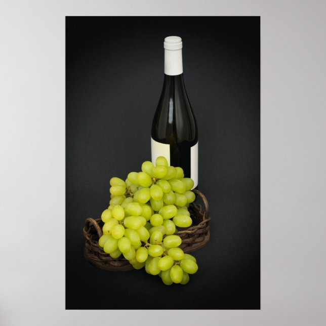 Póster uvas en una cesta y botella de vino (Frente)