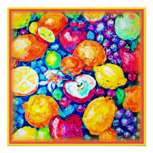 Póster Uvas, pintura de manzanas y cítricos. ¡Hazte con u (Anverso)