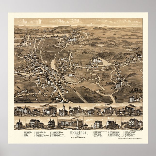Póster Uxbridge, MAMÁES Mapa Panorámico - 1880 (Frente)
