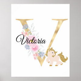 Póster V letra monograma de nombre personalizado con pony