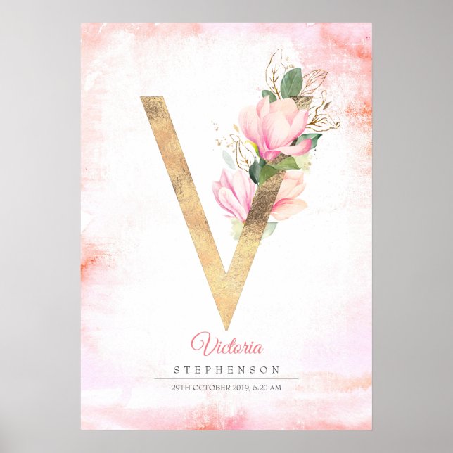 Póster V Letter Monogram Gold Leaves Pink Magnolia Floral (Frente)