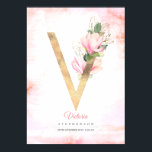 Póster V Letter Monogram Gold Leaves Pink Magnolia Floral<br><div class="desc">Blush pink magnolia flowers letter elegant poster</div>