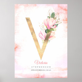 Póster V Letter Monogram Gold Leaves Pink Magnolia Floral