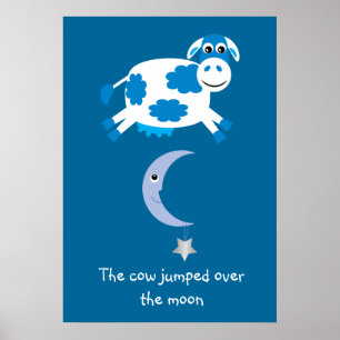Póster Vaca Azul Adorable Saltó Sobre La Luna