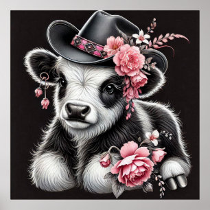 Póster Vaca bebé en un Gorra elegante adorado con flores 