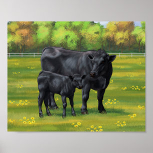 Póster Vaca Black Angus y ternero lindo en pastizal de ve