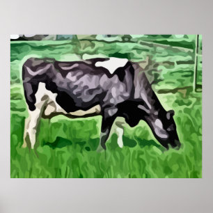 Póster Vaca blanco y negro que pasta la pintura
