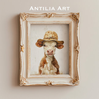 Póster Vaca caprichosa con Gorra pintando animal de granj