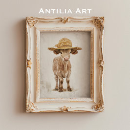 Póster Vaca con Gorra de paja Granja capilar