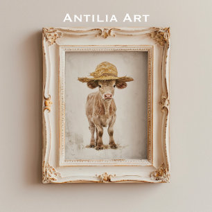 Póster Vaca con Gorra de paja Granja capilar