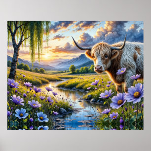 Póster Vaca cruzada de Highland/Longhorn en paisaje flora