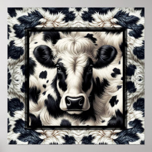 Póster Vaca de cuero negro y blanco con aspecto peludo