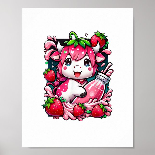 Póster Vaca de fresa Kawaii Anime Fresa Leche (Frente)