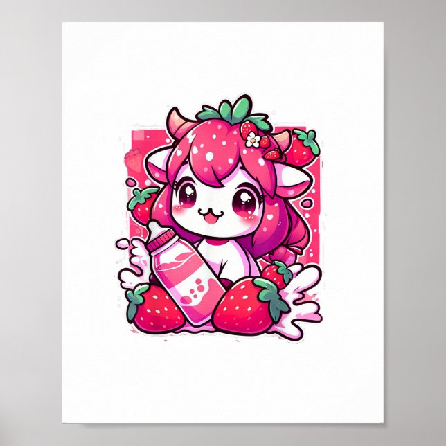 Póster Vaca de fresa Kawaii Anime Fresa Leche _2_1 (Frente)