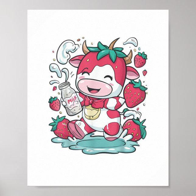 Póster Vaca de fresa Kawaii Anime Fresa Leche _4 (Frente)