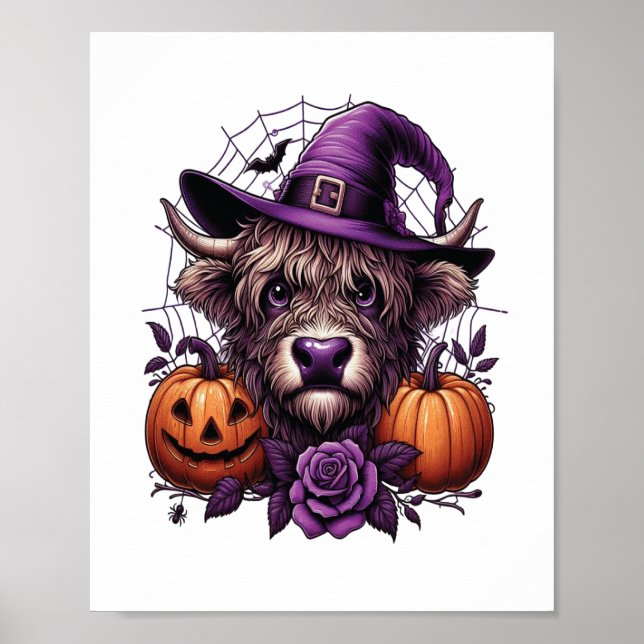 Póster Vaca de Halloween de las Tierras Altas Bruja (Frente)