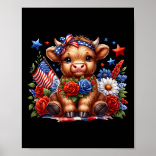 Póster Vaca De Highland 4 De Julio Floral Ee. Uu. Vaca Pa