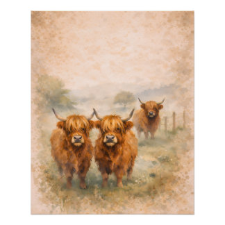 Póster Vaca de las Tierras Altas - Animales en Acuarela
