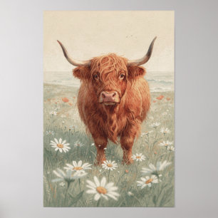 Póster Vaca de las Tierras Altas en Prado de Margaritas -