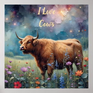 Póster Vaca de las Tierras Altas en Tapiz Floral Colorido