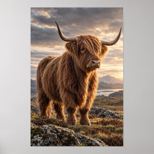 Póster Vaca de las Tierras Altas en un paisaje montañoso