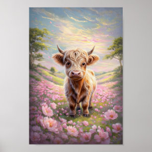 Póster Vaca de las Tierras Altas rodeada de flores rosada