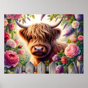 Póster Vaca de las Tierras Altas y Rosas Rosadas