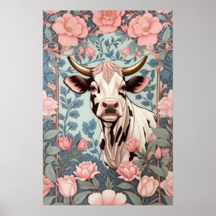 Póster Vaca dulce con fondo floral rosado