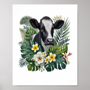 Póster Vaca en selva floral, vaca tropical