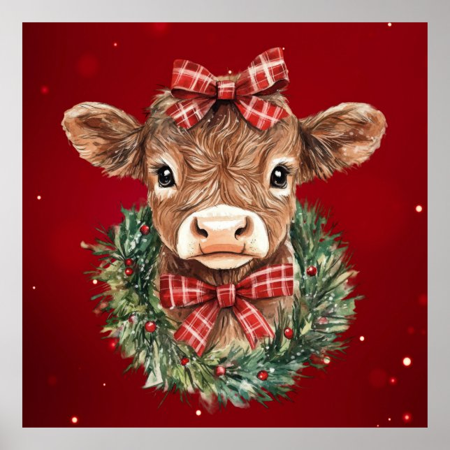 Póster Vaca escocesa de tierras altas en tiempo de Navida (Frente)